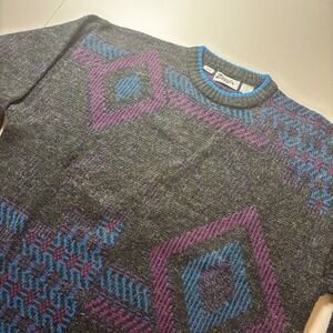 Vintage Zeppelin Sweater XL‎ Geometric Pattern Gray Wool Blend Knitwear